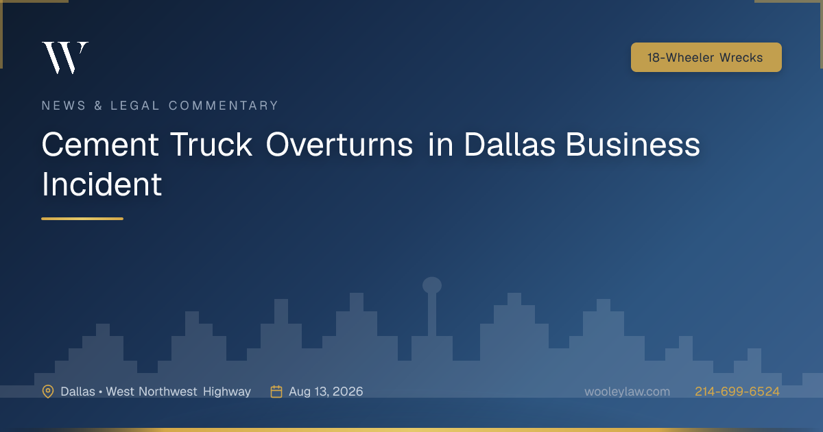 Cement Truck Overturns in Dallas Business Incident - 18-Wheeler Wrecks