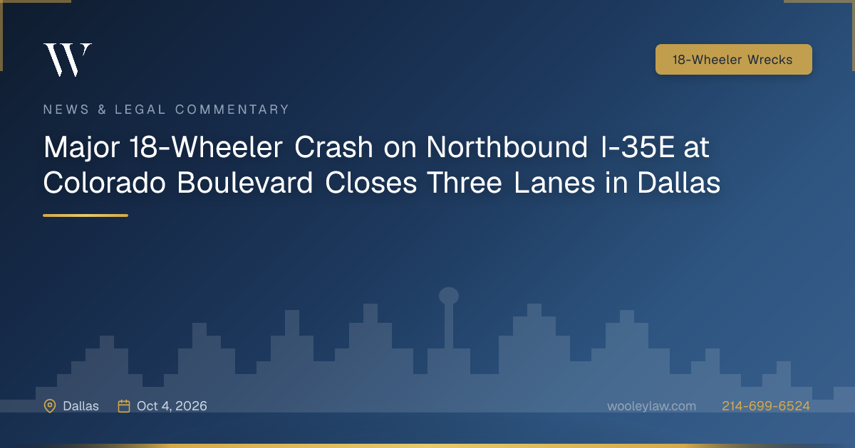 Major 18-Wheeler Crash on Northbound I-35E at Colorado Boulevard Closes Three Lanes in Dallas - 18-Wheeler Wrecks