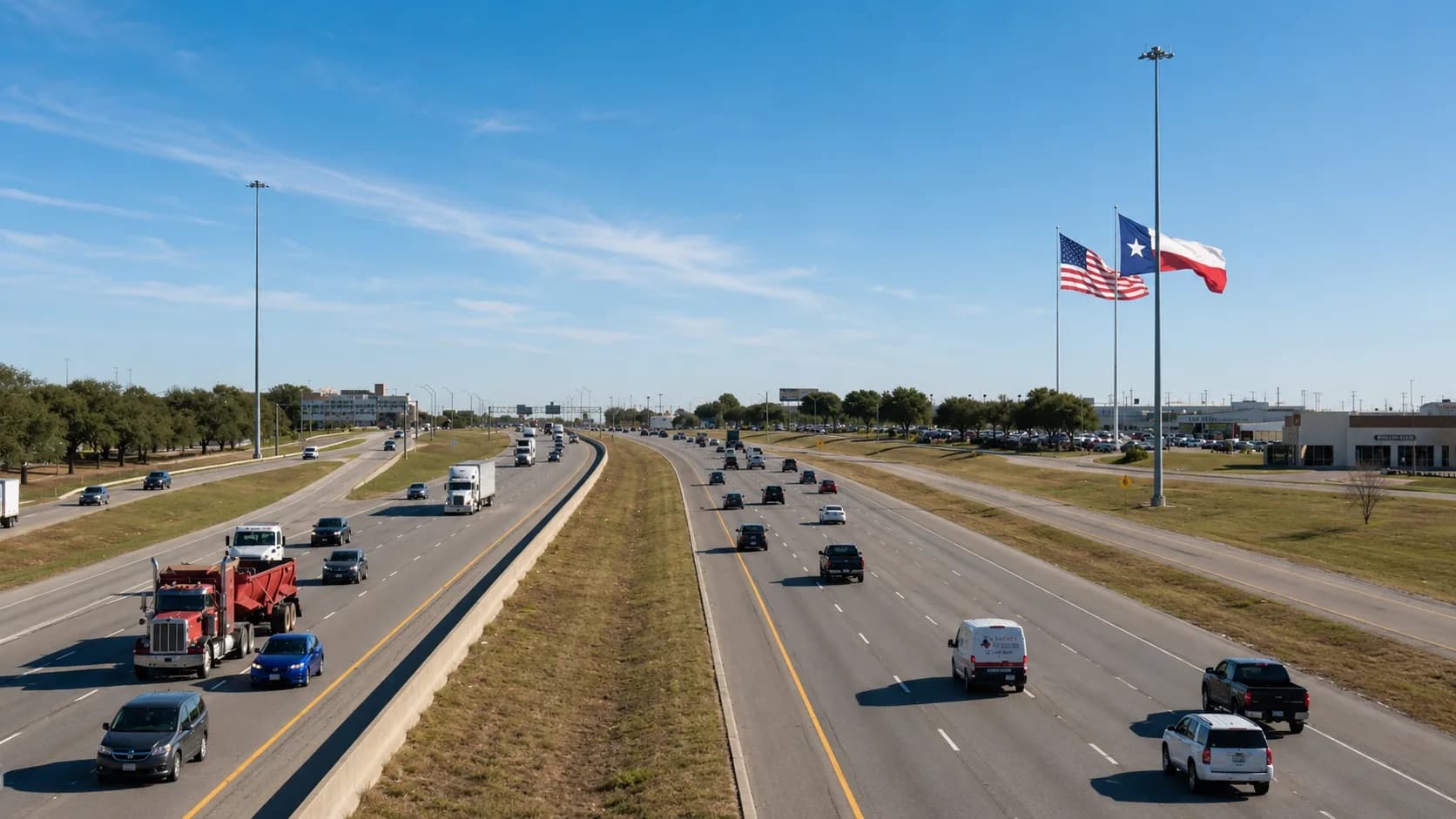 Interstate 20 through Arlington, Texas, with a red 18-wheeler and passenger vehicles on a divided multilane freeway beneath U.S. and Texas flags under a bright Texas sky