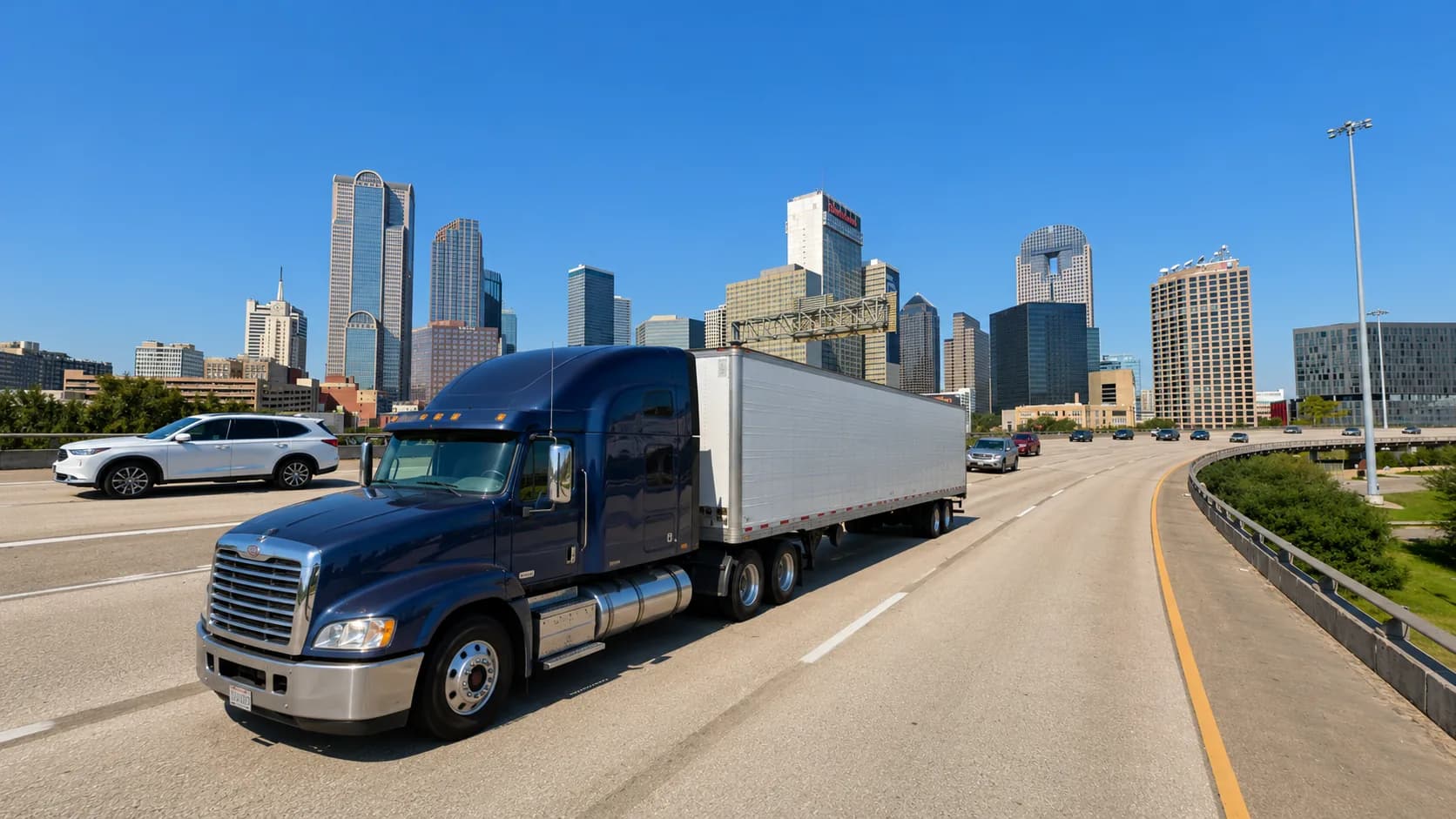 A dark blue 18-wheeler hauling a white trailer on a multilane Dallas freeway approaching the downtown Dallas skyline, alongside passenger vehicles near the Interstate 30, Interstate 35E, Interstate 45, and Interstate 345 mixmaster interchange under a bright Texas sky