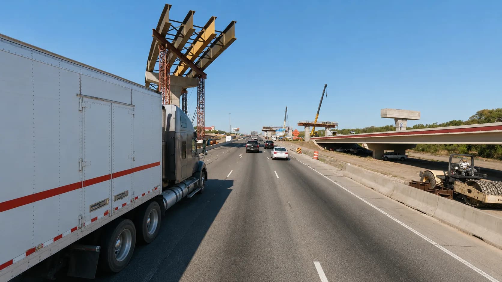 Interstate 20 through Grand Prairie, Texas, with an 18-wheeler and passenger vehicles passing highway bridge construction near the Great Southwest Industrial District under a bright Texas sky