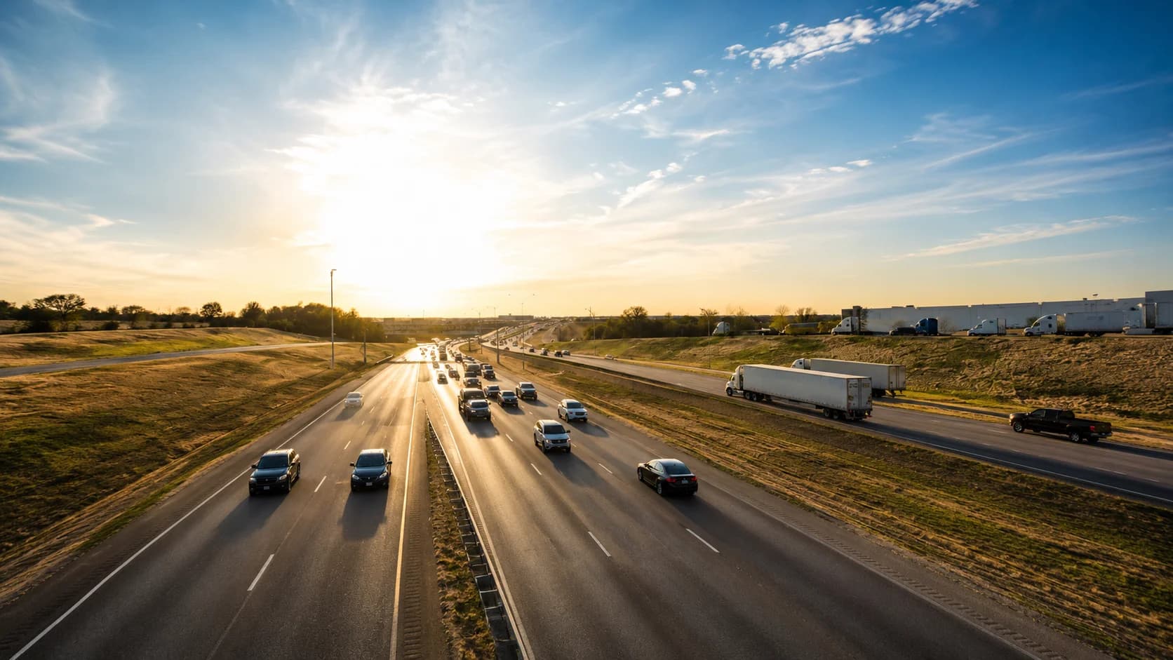 The I-20 and I-45 interchange area near Hutchins, Texas, with 18-wheelers and passenger vehicles in heavy traffic at sunset