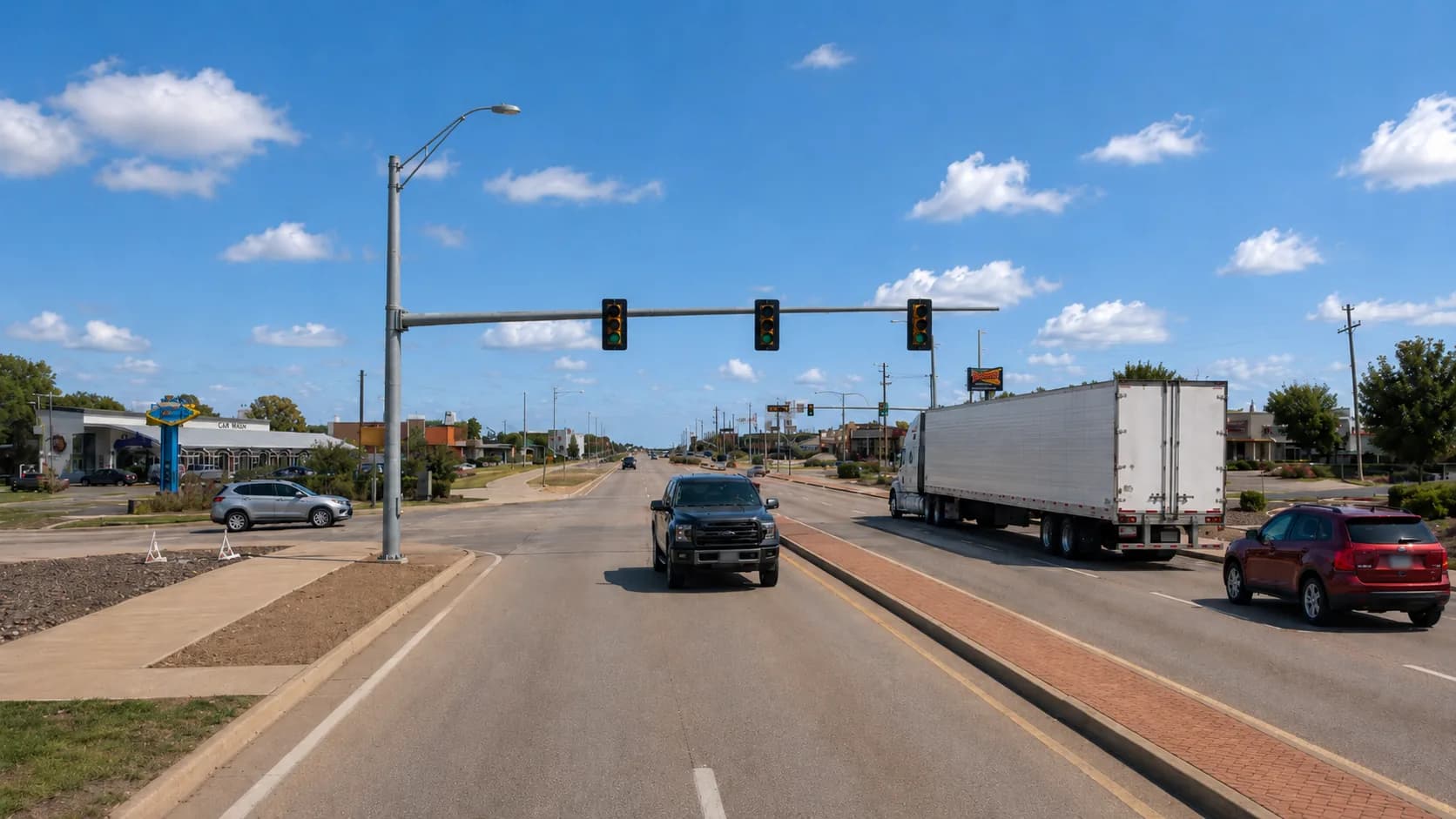 A white 18-wheeler tractor-trailer and a pickup truck approaching a major signalized intersection on a multilane Princeton, Texas commercial corridor, alongside passenger vehicles under a bright Texas sky
