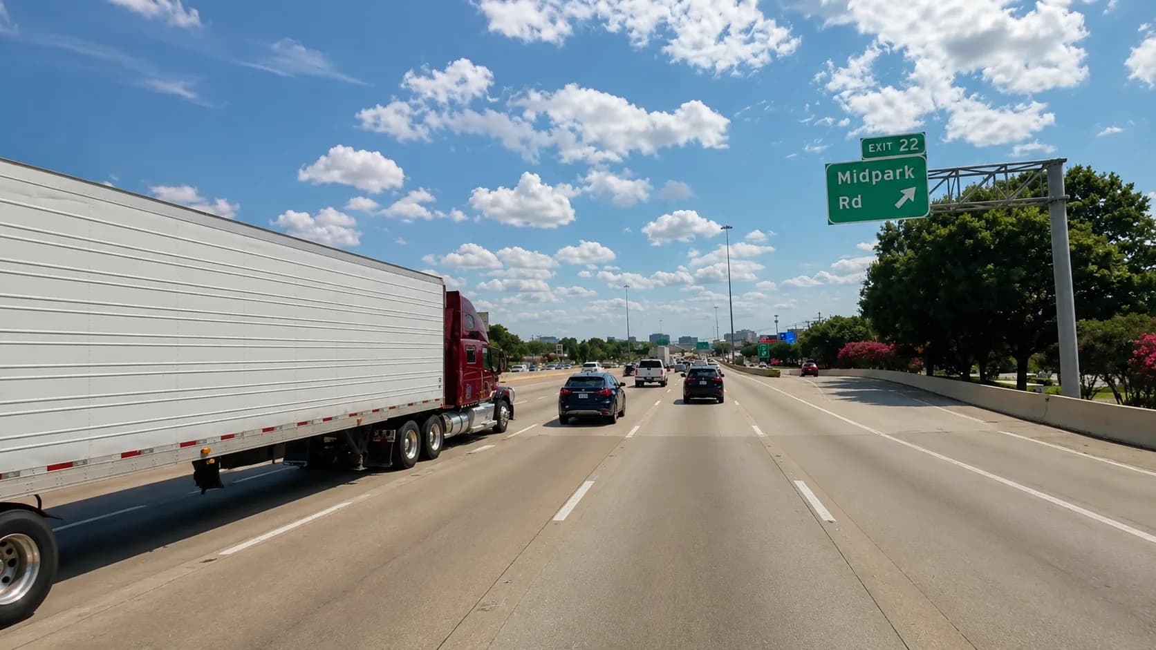 A red 18-wheeler hauling a white trailer in heavy traffic alongside passenger vehicles on a multilane North Texas highway through Richardson under a bright Texas sky