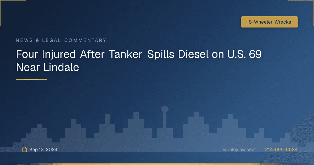 Four Injured After Tanker Spills Diesel on U.S. 69 Near Lindale - 18-Wheeler Wrecks