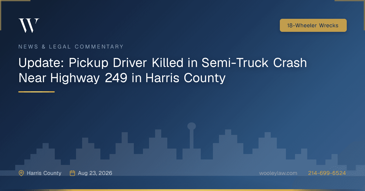 Update: Pickup Driver Killed in Semi-Truck Crash Near Highway 249 in Harris County - 18-Wheeler Wrecks