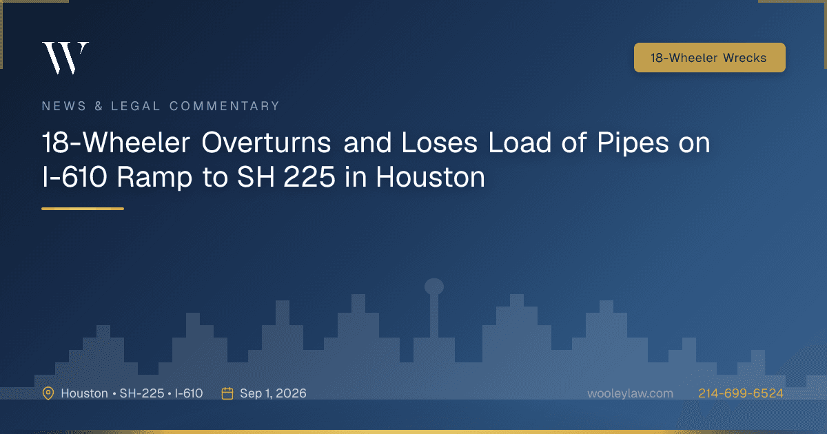 18-Wheeler Overturns and Loses Load of Pipes on I-610 Ramp to SH 225 in Houston - 18-Wheeler Wrecks