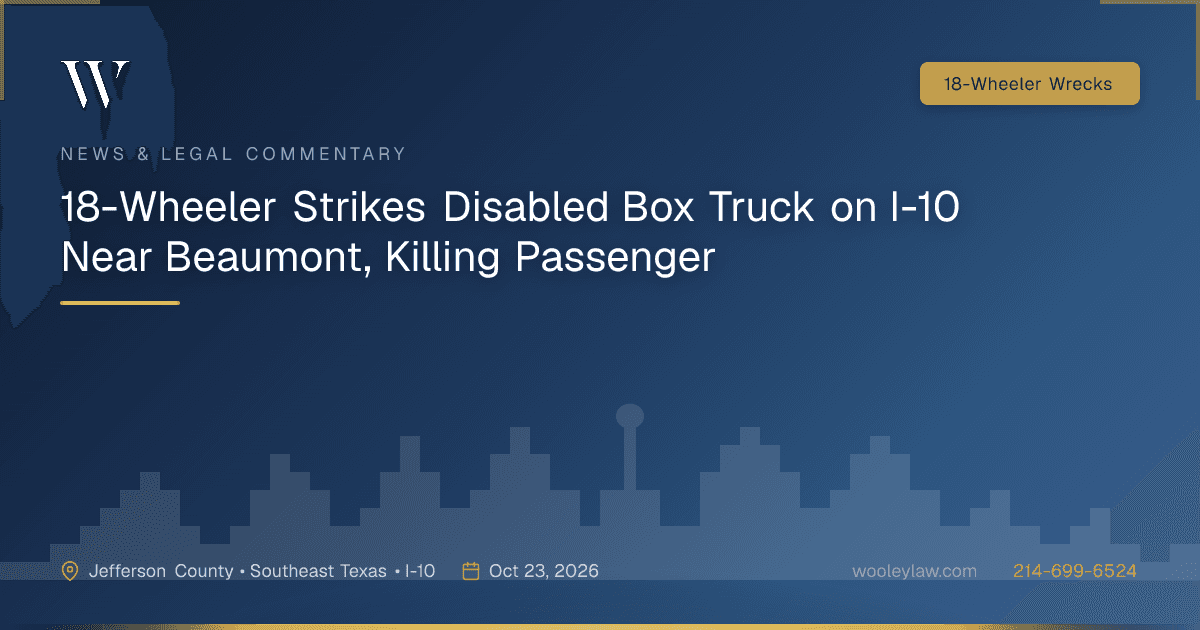 18-Wheeler Strikes Disabled Box Truck on I-10 Near Beaumont, Killing Passenger - 18-Wheeler Wrecks