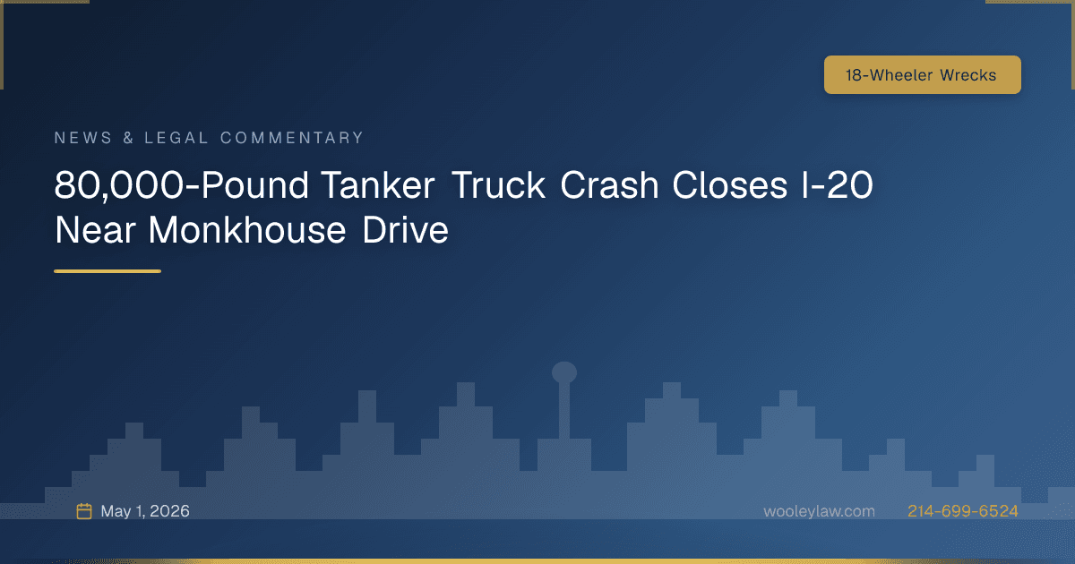 80,000-Pound Tanker Truck Crash Closes I-20 Near Monkhouse Drive - 18-Wheeler Wrecks