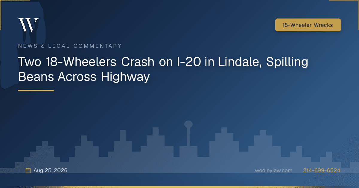 Two 18-Wheelers Crash on I-20 in Lindale, Spilling Beans Across Highway - 18-Wheeler Wrecks