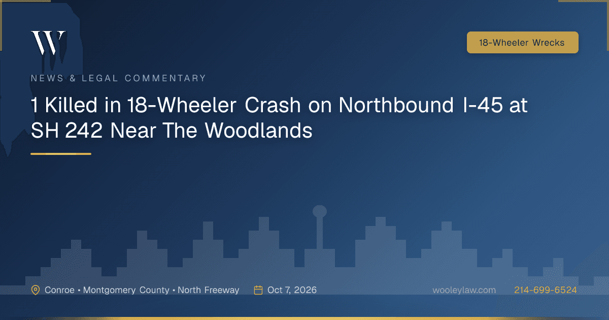 1 Killed in 18-Wheeler Crash on Northbound I-45 at SH 242 Near The Woodlands - 18-Wheeler Wrecks