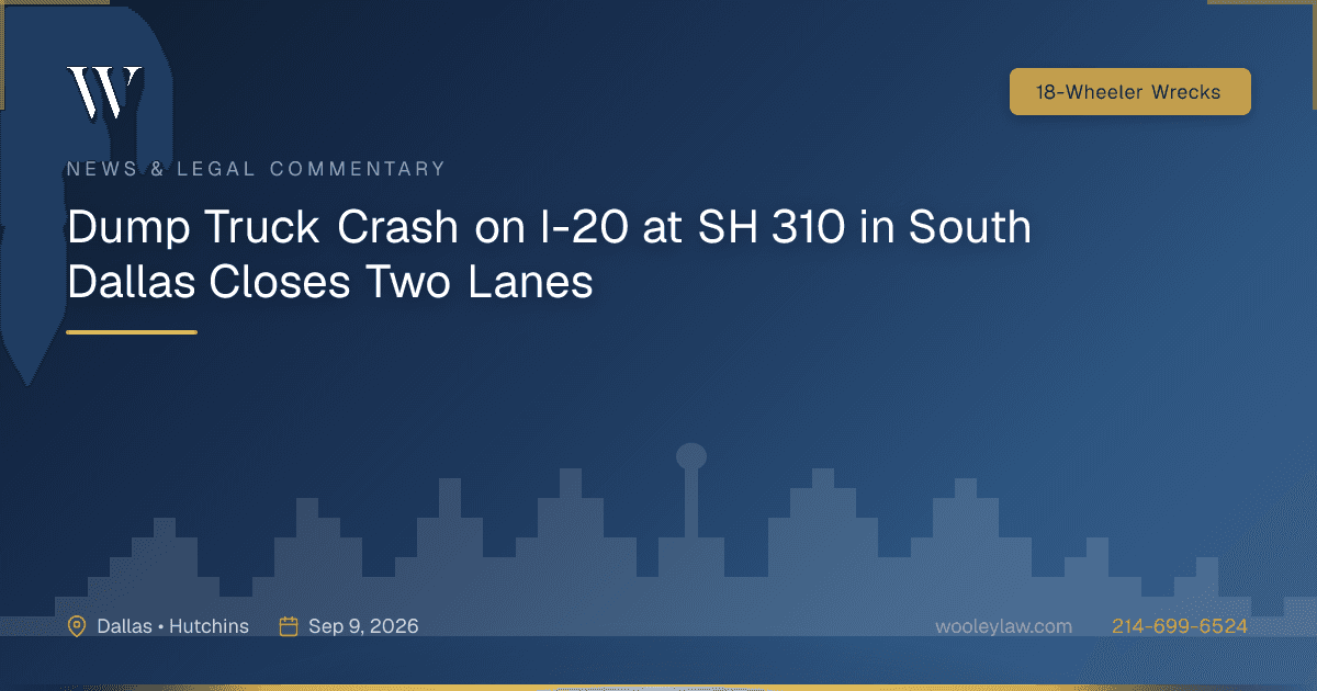 Dump Truck Crash on I-20 at SH 310 in South Dallas Closes Two Lanes - 18-Wheeler Wrecks